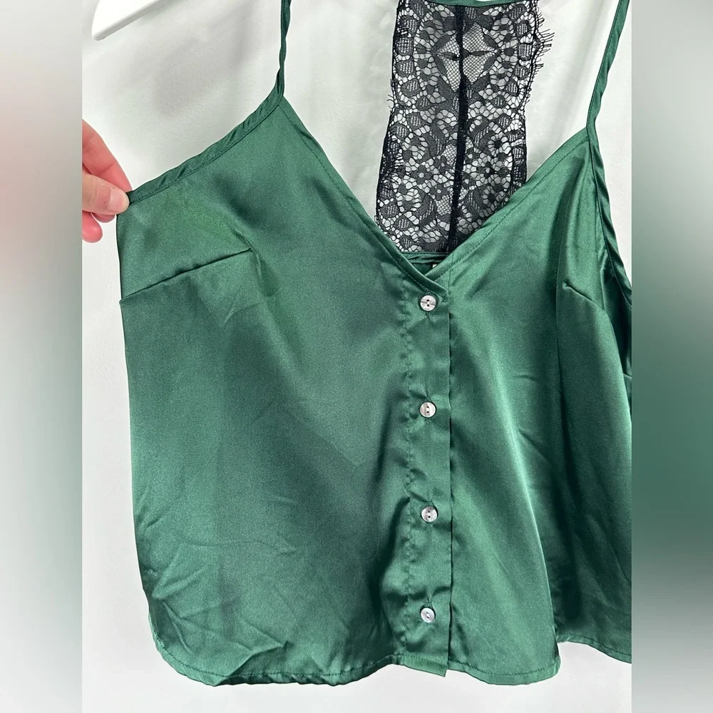 ROMA Confidential Emerald Button Down Lace Cropped Cami Sleep Pajamas Small